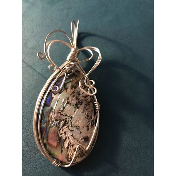 Artisan Abalone Shell Sterling Wire Wrapped Pendent 3” Minimalist - Picture 6 of 9